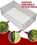 Portable Baseball And Softball Batting Cage 22ft By 12ft By 8ft With Pitching Machine Hole showing guide ropes and ground anchors