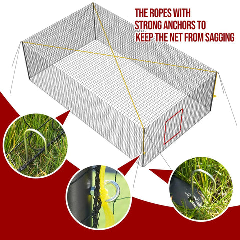 Portable Baseball And Softball Batting Cage 22ft By 12ft By 8ft With Pitching Machine Hole showing guide ropes and ground anchors