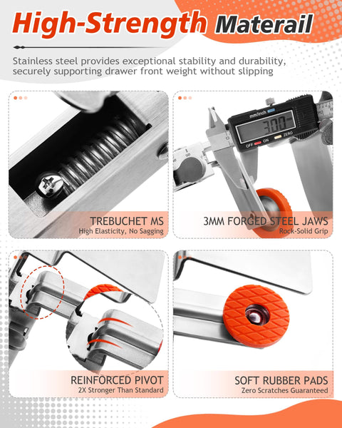 Drawer Fixing Clamps For Panel And Drawer Front Installation, Adjustable Cabinet Face Mounting Clips With Quick Release, showcasing steel jaws and rubber pads