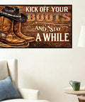 Wall art featuring cowboy boots and hat, reads 'Kick off your boots and stay a while', decor setting, Extra Large Diamond Painting Kit For Adults 5D Full Drill With DMC Codes, Easy DIY For Beginners, Relaxing Arts And Crafts Home Decor Gift, 28x16 Inch Boot Design, Pre Sorted Diamonds And Tools Included