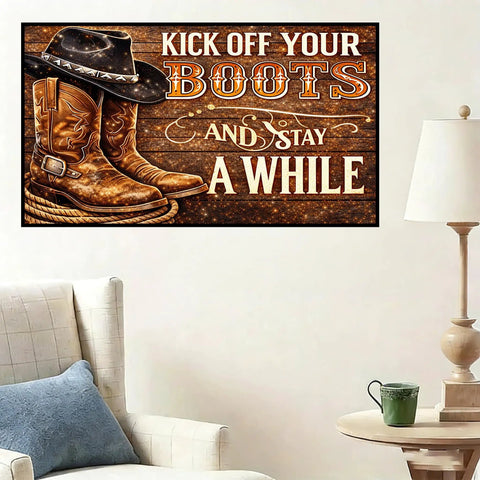 Wall art featuring cowboy boots and hat, reads 'Kick off your boots and stay a while', decor setting, Extra Large Diamond Painting Kit For Adults 5D Full Drill With DMC Codes, Easy DIY For Beginners, Relaxing Arts And Crafts Home Decor Gift, 28x16 Inch Boot Design, Pre Sorted Diamonds And Tools Included