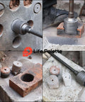 Life Palette hole saw kit for SDS-Plus drills; five sizes 30/40/50/60/70 mm for concrete and brick, shown in use.