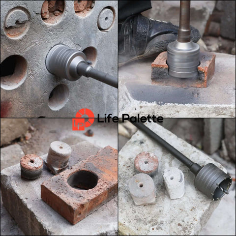 Life Palette hole saw kit for SDS-Plus drills; five sizes 30/40/50/60/70 mm for concrete and brick, shown in use.