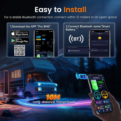 No Sweat Bluetooth Battery Monitor With 400A Smart Shunt showcased on a smartphone app for real-time voltage tracking.