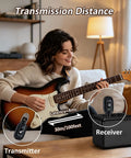 Woman playing electric guitar with 2.4GHz Wireless Guitar Transmitter And Receiver System, showing ultra low latency under 4ms