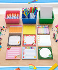 Back To School Sticky Notes Set Of Nine Pads Fifty Sheets Each Cute Teacher Notepads with colorful designs on a wooden desk