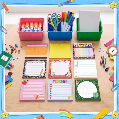 Back To School Sticky Notes Set Of Nine Pads Fifty Sheets Each Cute Teacher Notepads with colorful designs on a wooden desk