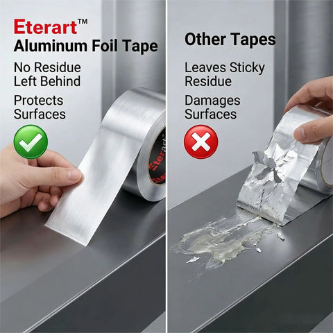 Comparison of Eterart aluminum foil tape vs other tapes showing residue effects on surfaces.