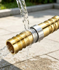 Top Notch Garden Hose Repair Kit With Four Solid Brass Connectors And Eight Stainless Steel Clamps, Perfect For Fixing Leaky Hoses On 0.63 To 0.75 Inch Lines At Home Or In The Yard Without Any Hassle. brass hose repair connector with clamp and flowing water