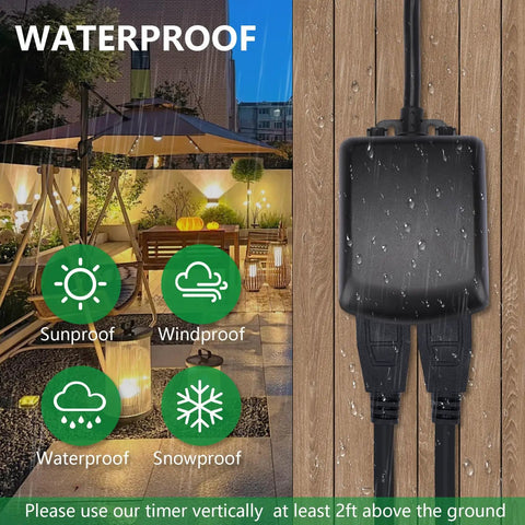 Badass All Weather Outdoor Mechanical Timer With Dual Grounded Outlets Weatherproof Flip Cover close-up showing waterproof features and user instructions.