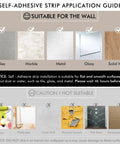 Self-adhesive strip application guide showing suitable surfaces like tiles, marble, metal, glass, and wood for adhesion.