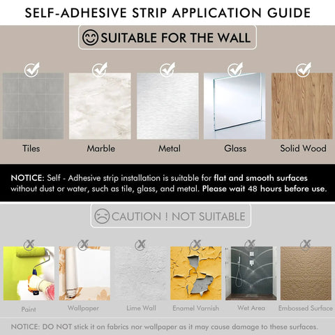 Self-adhesive strip application guide showing suitable surfaces like tiles, marble, metal, glass, and wood for adhesion.