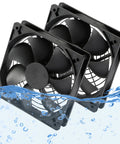 Two Pack IP67 Waterproof Silent 12V DC Cooling Fans 120mm by 25mm submerged in water, showing durability for outdoor use.