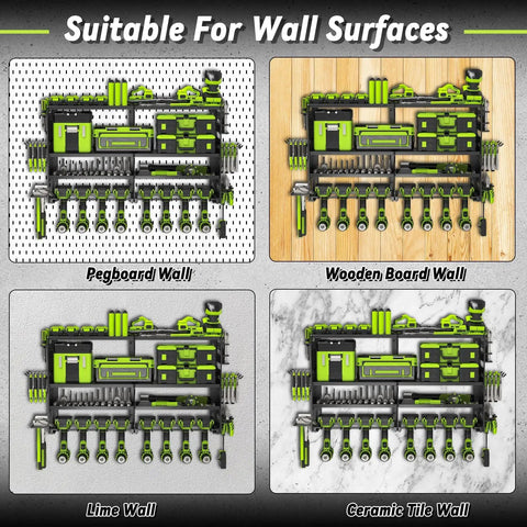 Power Tool Organizer Wall Mount Heavy Duty Metal 4 Layer 8 Slots Drill Holder on different wall surfaces
