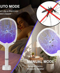 Reusable Electric Fly Swatter Racket Featuring 4000V Bug Zapper With Rechargeable Battery And Dual Mode Design For Killing Mosquitoes And Pests In Your Home, shown in auto and manual mode.