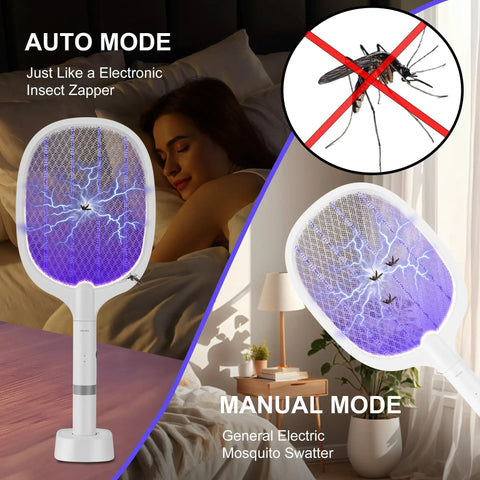Reusable Electric Fly Swatter Racket Featuring 4000V Bug Zapper With Rechargeable Battery And Dual Mode Design For Killing Mosquitoes And Pests In Your Home, shown in auto and manual mode.