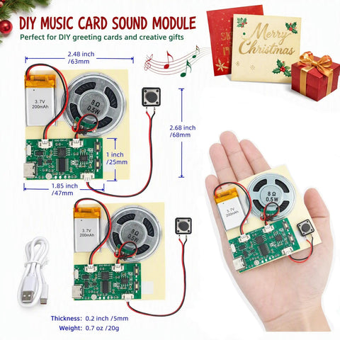 Two Piece Diy Audio Recorder And Player Kit Providing Usb Type C Connectivity For Effortless Music Upgrades No Sweat Setup With Built Speaker Battery And Control Buttons Ideal For Creating Custom Voice Tracks And Personalized Greeting Cards That Totally shown in a hand with measurements.