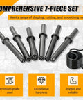 Heavy Duty Air Rivet Hammer Tools Kit 7 Piece Set With 6 Beefy Rivet Hammer Bits and spring on a textured background