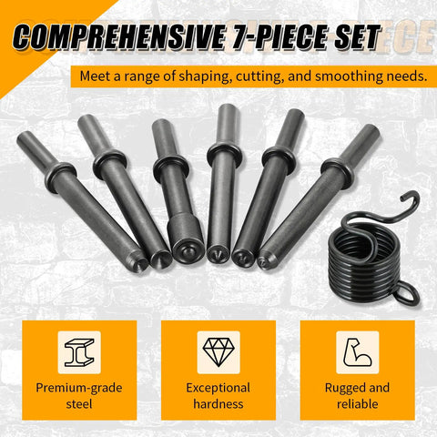 Heavy Duty Air Rivet Hammer Tools Kit 7 Piece Set With 6 Beefy Rivet Hammer Bits and spring on a textured background