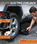 5 Ton 12V Electric Car Jack With Dual Motors, Hydraulic Lift, Built In Inflator And Impact Wrench, Quick Tire Inflation, Non Slip Cross Groove Base, Adjustable Height 5.9 To 17.7 Inches, Stable And A Real Beast Of A Tool. car jack lifting a tire with battery and cigarette lighter power options