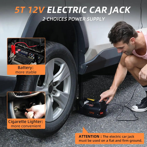 5 Ton 12V Electric Car Jack With Dual Motors, Hydraulic Lift, Built In Inflator And Impact Wrench, Quick Tire Inflation, Non Slip Cross Groove Base, Adjustable Height 5.9 To 17.7 Inches, Stable And A Real Beast Of A Tool. car jack lifting a tire with battery and cigarette lighter power options