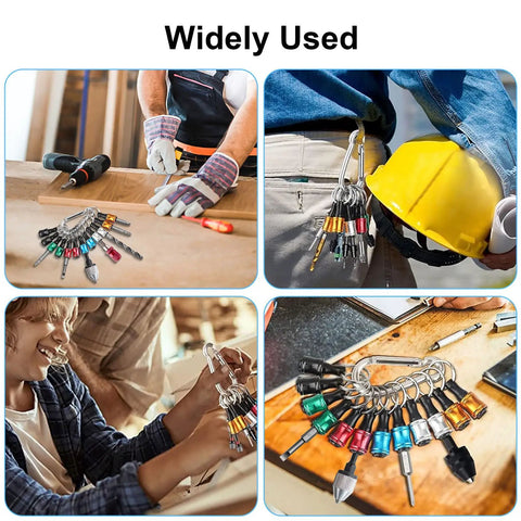 Portable One Quarter Inch Hex Shank Screwdriver Bits Holder Extension Bar Keychain for Drills and Electric Screwdrivers, six color options displayed in various use settings.