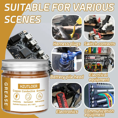 Copper Conductive Grease Paste 100G Anti Arcing Electrical Grease jar with application images for cars and electronics.