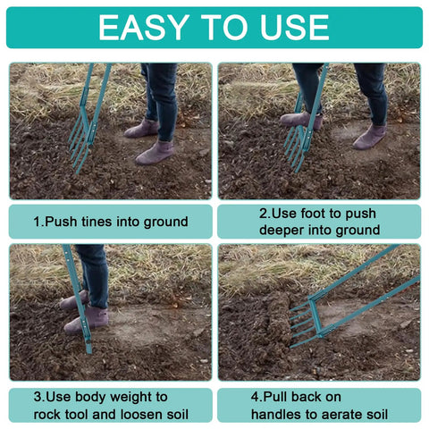 Using Heavy Duty 5 Tines Broad Fork Garden Tool, 55 Inch Long U Shaped Hand Tiller, for cultivating and aerating clay soil.