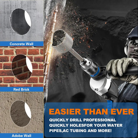 Heavy Duty Tungsten Carbide Concrete Hole Saw Kit With Five Inch Drill Bit And Long SDS Plus Shank Rod Gets The Job Done On Brick Or Solid Masonry Walls No Sweat, drill cutting through concrete, brick, and adobe.