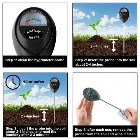 Four-step guide using Two Pack Soil Moisture Meters for Houseplants Garden Lawn Indoor and Outdoor Use No Battery Required Plant Water Meter Kit Black and Green with Dual Probes Easy to Read.