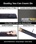 Collage showing Guitar Repair Work Mat Pad for String Changes and Setup, large 36x17 inch anti-slip TPE surface with guitars.