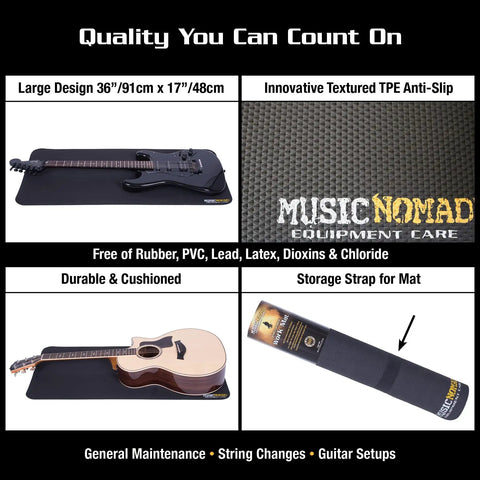 Collage showing Guitar Repair Work Mat Pad for String Changes and Setup, large 36x17 inch anti-slip TPE surface with guitars.