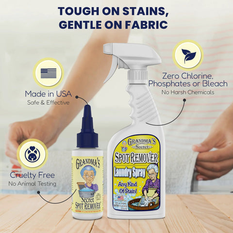 Secret Spot Remover For Clothes Chlorine Free Toxin Free Stain Remover For Fabric That Eliminates Oil Paint Blood And Pet Stains Without Damaging Color Safe On Most Fabrics Gentle Non Bleach Formula 2 Ounce Bottle next to spray bottle on table