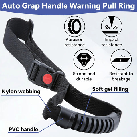 Rock Solid Adjustable Car Grab Handle Strap For Dead Easy Vehicle Entry And Exit showing nylon webbing, PVC handle, and gel filling.