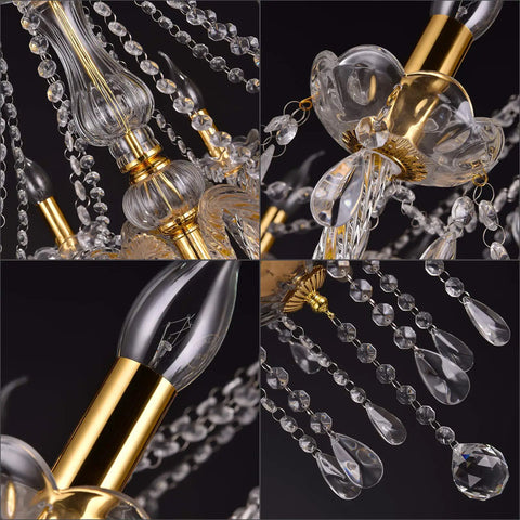 Detail of Showstopper Six Light K9 Crystal Chandelier Fixture For Dining Room And Living Areas with gold finish and raindrop design