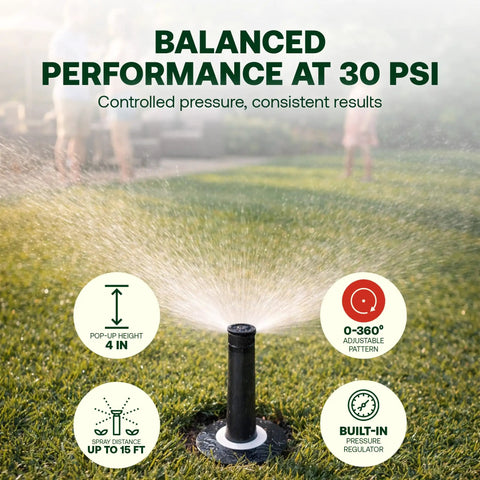 Pressure Regulated 1800 Series Four Inch Pop Up Sprinkler Head Dual Spray Nozzle With 360 Degree Pattern One Half Inch NPT