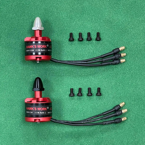 Buttery Smooth A2212 Brushless Motor Set 920KV with connectors and screws on green background for drone building.