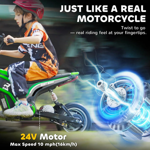 Electric Dirt Bike For Teens 13 Plus 24V 350W Off Road Motorcycle With Twist Grip Throttle Rear Suspension Up To 15 MPH Brake Music Horn Green Great For Outdoor Fun And Easy Assembly