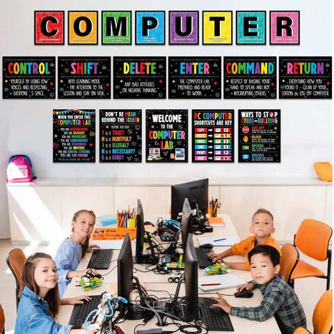 19 Poster Pack for Computer Lab and Computer Science Classrooms, Keyboard Shortcuts, and Classroom Rules on wall above students
