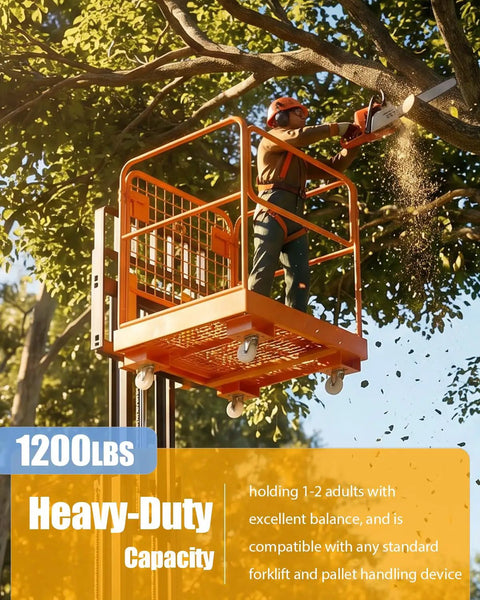 Heavy Duty Forklift Safety Cage Built Like Armor With Nonslip Mesh Deck Measures 36 by 36 Inches Holds Up To 1200 Lbs in use outdoors.