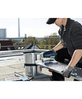 Heavy Duty Pro Grade 12V Cordless Metal Shear Cuts Steel Four Times Faster With Zero Sweat For Flawless Straight And Curved Cuts Up To One Point Three Millimeter Thick No Battery Or Charger being used on metal sheet.