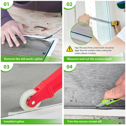 Tough As Nails Fiberglass Window Screen Roll 48x118 Inch installation steps showing removal, measuring, and trimming.
