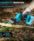 SEESII cordless reciprocating saw, blue body with two 4000mAh batteries, side view cutting a branch.