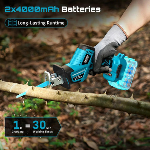 SEESII cordless reciprocating saw, blue body with two 4000mAh batteries, side view cutting a branch.