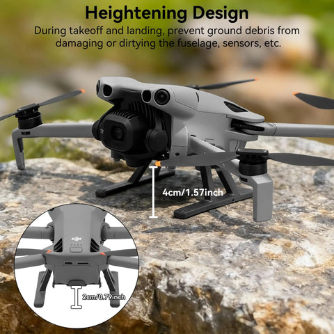 Mini 5 Pro Foldable Landing Gear With Quick Release Height Extension Kit on drone increasing ground clearance by 25mm on rocky surface