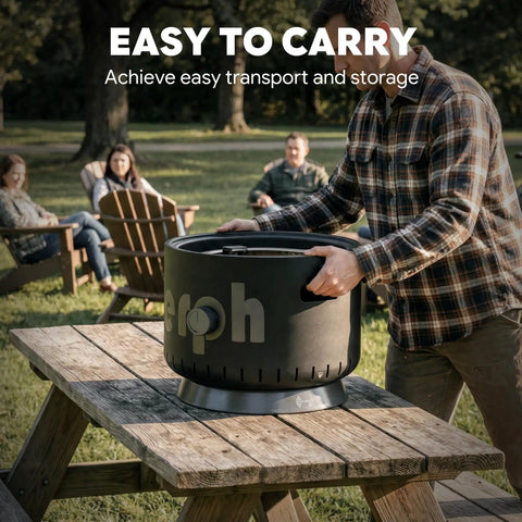 Man placing 17 Inch Compact Propane Fire Pit With 58000 BTU Lightweight Outdoor Heater on picnic table, easy to carry feature