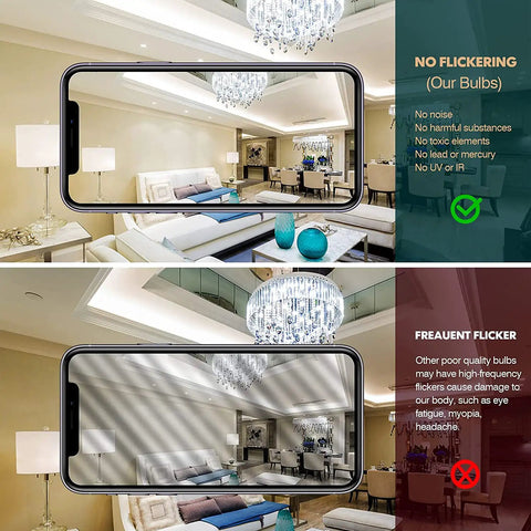 Comparison of room lighting with and without flickering bulbs using Killer Brightness 10W LED Bulbs 1000 Lumen 6000K Daylight White