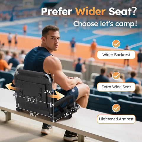 Two Pack Folding Stadium Seats With Cushions, Bleacher Chairs with wider backrest and extra wide seat, in an indoor arena.