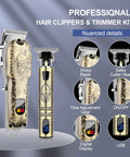 All In One Men's Hair Clipper Set With LED Display featuring ornate gold design and digital controls