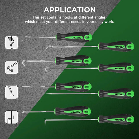 8 Piece Pick And Hook Set For Cars And Auto Repair Precision Mini Hooks And Puller Remover Kit For Oil Seals O Rings And Gaskets Heavy Duty CR-V Steel And Chrome Vanadium Shafts Ergonomic Green Handles, 8 hooks